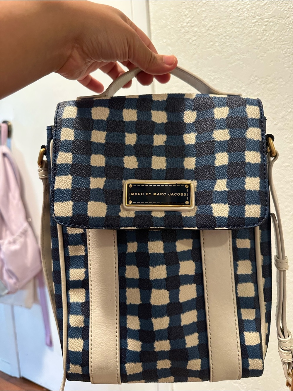 Marc by Marc Jacobs Navy & White Check Canvas Backpack Crossbody - Picture 9 of 11